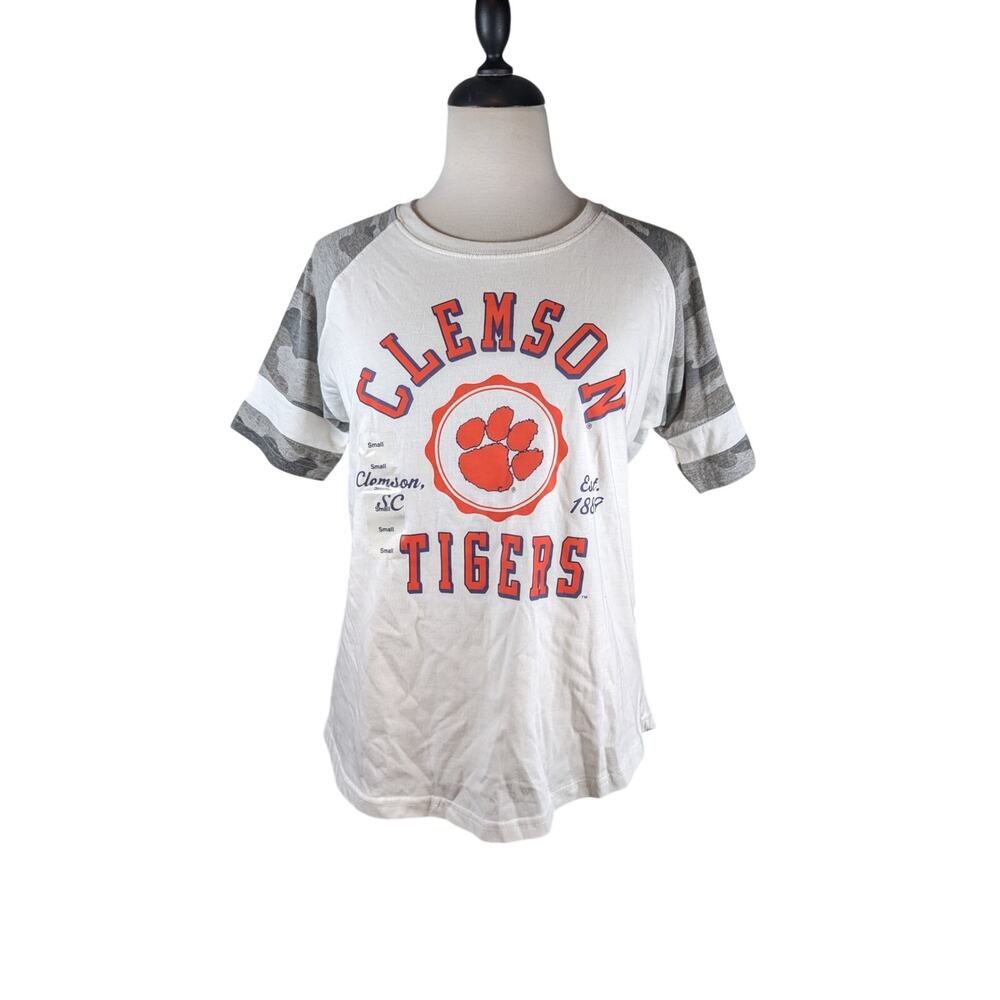 New Small Clemson Tigers Sports T-shirt Gray Camo Sleeves Orange Paw Print
